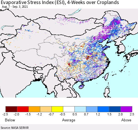 China and Taiwan Evaporative Stress Index 4-Weeks Crop-masked (ESI) Thematic Map For 8/30/2021 - 9/5/2021