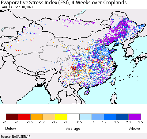 China and Taiwan Evaporative Stress Index 4-Weeks Crop-masked (ESI) Thematic Map For 9/6/2021 - 9/12/2021