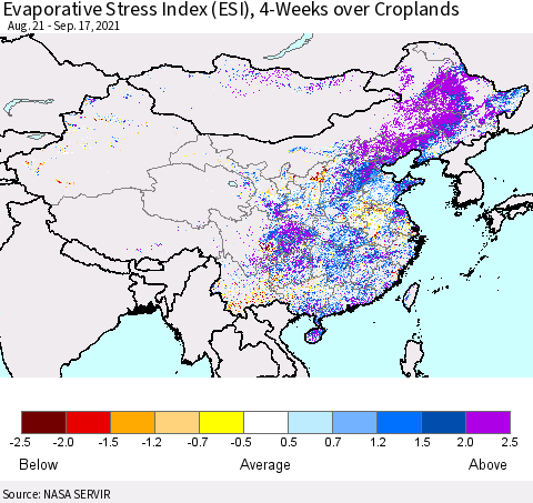 China, Mongolia and Taiwan Evaporative Stress Index (ESI), 4-Weeks over Croplands Thematic Map For 9/13/2021 - 9/19/2021