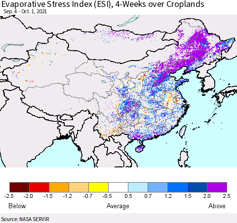 China and Taiwan Evaporative Stress Index 4-Weeks Crop-masked (ESI) Thematic Map For 9/27/2021 - 10/3/2021
