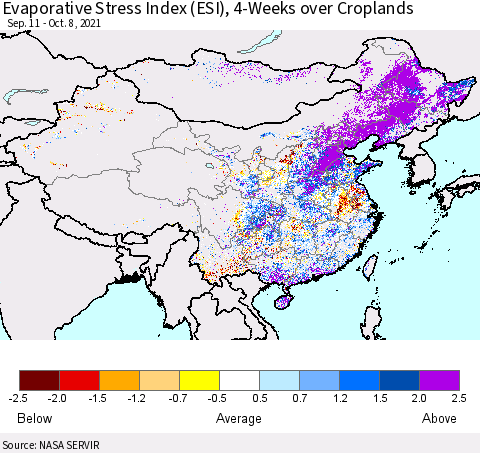 China and Taiwan Evaporative Stress Index 4-Weeks Crop-masked (ESI) Thematic Map For 10/4/2021 - 10/10/2021
