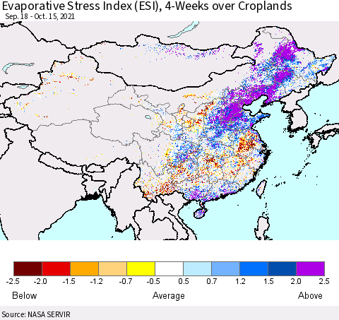 China and Taiwan Evaporative Stress Index 4-Weeks Crop-masked (ESI) Thematic Map For 10/11/2021 - 10/17/2021