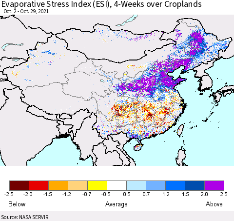 China and Taiwan Evaporative Stress Index 4-Weeks Crop-masked (ESI) Thematic Map For 10/25/2021 - 10/31/2021