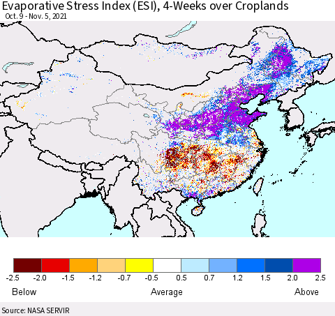 China, Mongolia and Taiwan Evaporative Stress Index (ESI), 4-Weeks over Croplands Thematic Map For 11/1/2021 - 11/7/2021