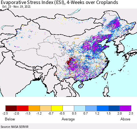 China, Mongolia and Taiwan Evaporative Stress Index (ESI), 4-Weeks over Croplands Thematic Map For 11/15/2021 - 11/21/2021