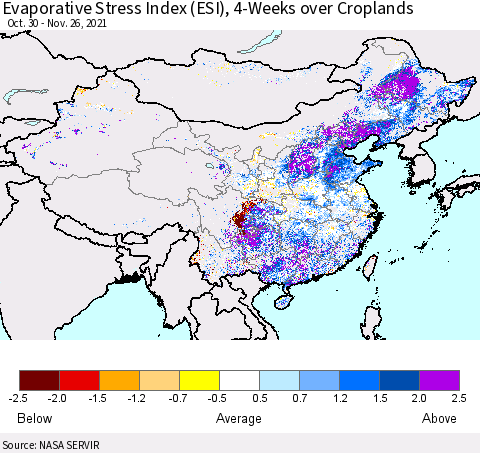 China, Mongolia and Taiwan Evaporative Stress Index (ESI), 4-Weeks over Croplands Thematic Map For 11/22/2021 - 11/28/2021