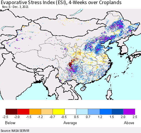 China, Mongolia and Taiwan Evaporative Stress Index (ESI), 4-Weeks over Croplands Thematic Map For 11/29/2021 - 12/5/2021
