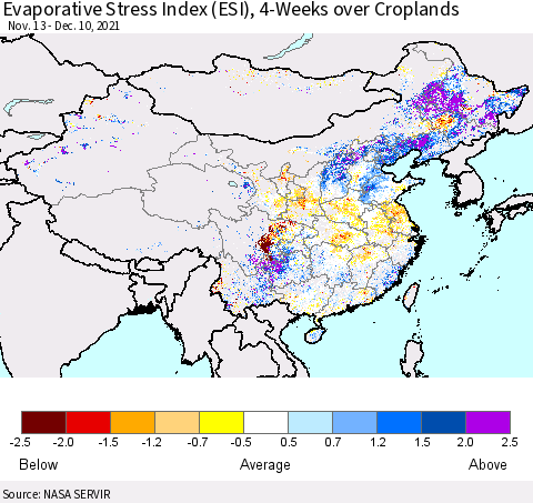 China, Mongolia and Taiwan Evaporative Stress Index (ESI), 4-Weeks over Croplands Thematic Map For 12/6/2021 - 12/12/2021