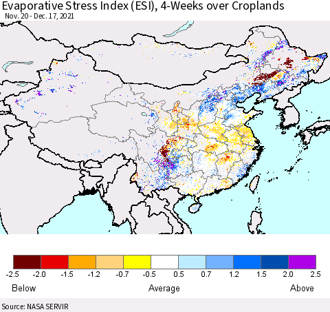 China, Mongolia and Taiwan Evaporative Stress Index (ESI), 4-Weeks over Croplands Thematic Map For 12/13/2021 - 12/19/2021