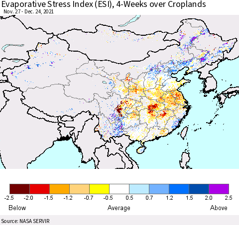 China, Mongolia and Taiwan Evaporative Stress Index (ESI), 4-Weeks over Croplands Thematic Map For 12/20/2021 - 12/26/2021