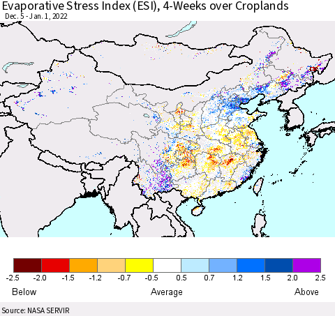 China, Mongolia and Taiwan Evaporative Stress Index (ESI), 4-Weeks over Croplands Thematic Map For 12/27/2021 - 1/2/2022
