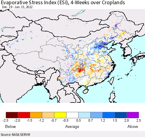 China, Mongolia and Taiwan Evaporative Stress Index (ESI), 4-Weeks over Croplands Thematic Map For 1/10/2022 - 1/16/2022