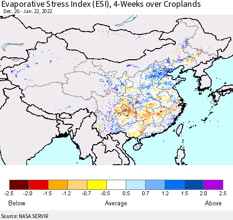 China, Mongolia and Taiwan Evaporative Stress Index (ESI), 4-Weeks over Croplands Thematic Map For 1/17/2022 - 1/23/2022