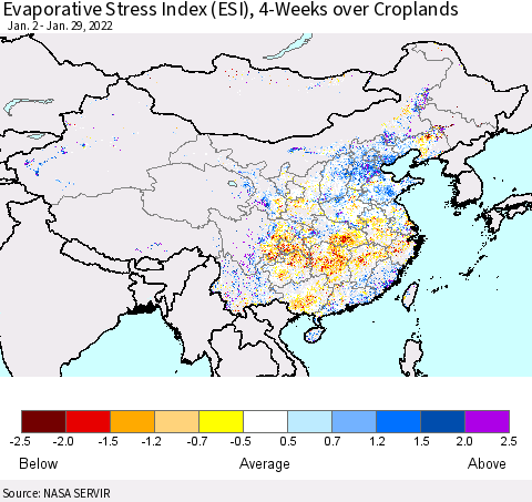 China, Mongolia and Taiwan Evaporative Stress Index (ESI), 4-Weeks over Croplands Thematic Map For 1/24/2022 - 1/30/2022