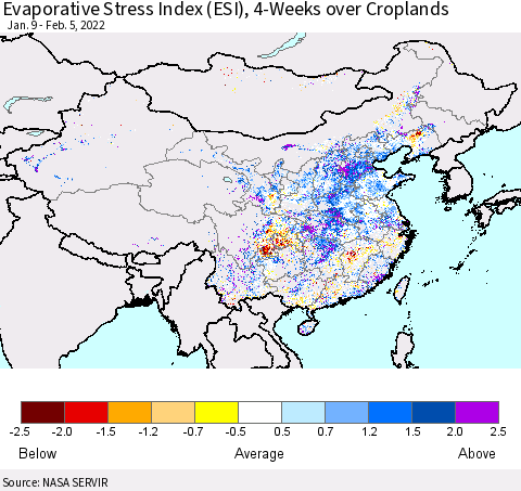 China, Mongolia and Taiwan Evaporative Stress Index (ESI), 4-Weeks over Croplands Thematic Map For 1/31/2022 - 2/6/2022