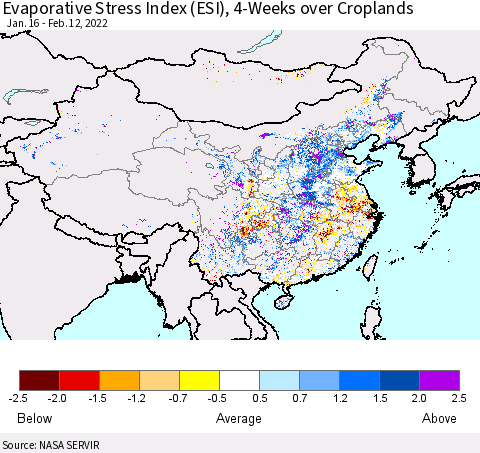 China, Mongolia and Taiwan Evaporative Stress Index (ESI), 4-Weeks over Croplands Thematic Map For 2/7/2022 - 2/13/2022