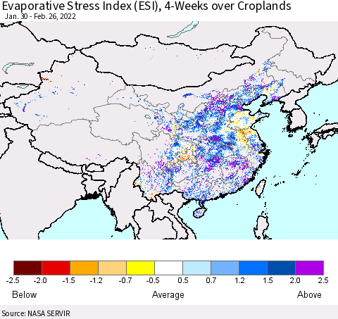 China, Mongolia and Taiwan Evaporative Stress Index (ESI), 4-Weeks over Croplands Thematic Map For 2/21/2022 - 2/27/2022