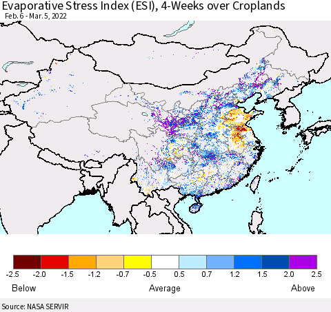 China, Mongolia and Taiwan Evaporative Stress Index (ESI), 4-Weeks over Croplands Thematic Map For 2/28/2022 - 3/6/2022