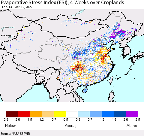 China, Mongolia and Taiwan Evaporative Stress Index (ESI), 4-Weeks over Croplands Thematic Map For 3/7/2022 - 3/13/2022