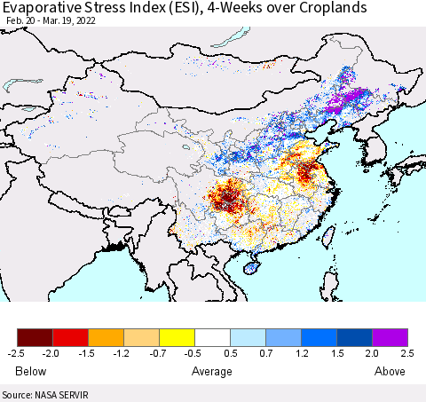 China, Mongolia and Taiwan Evaporative Stress Index (ESI), 4-Weeks over Croplands Thematic Map For 3/14/2022 - 3/20/2022