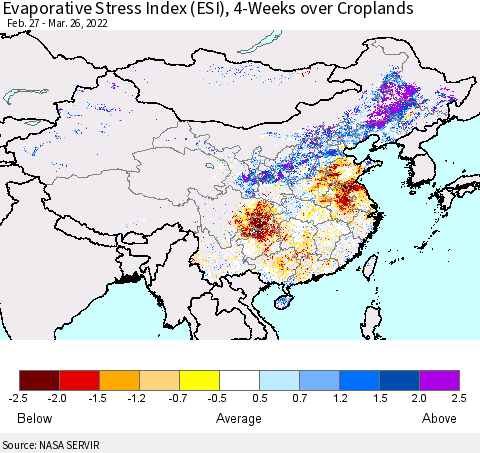 China, Mongolia and Taiwan Evaporative Stress Index (ESI), 4-Weeks over Croplands Thematic Map For 3/21/2022 - 3/27/2022