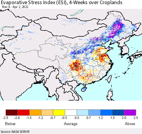 China, Mongolia and Taiwan Evaporative Stress Index (ESI), 4-Weeks over Croplands Thematic Map For 3/28/2022 - 4/3/2022