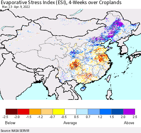 China, Mongolia and Taiwan Evaporative Stress Index (ESI), 4-Weeks over Croplands Thematic Map For 4/4/2022 - 4/10/2022