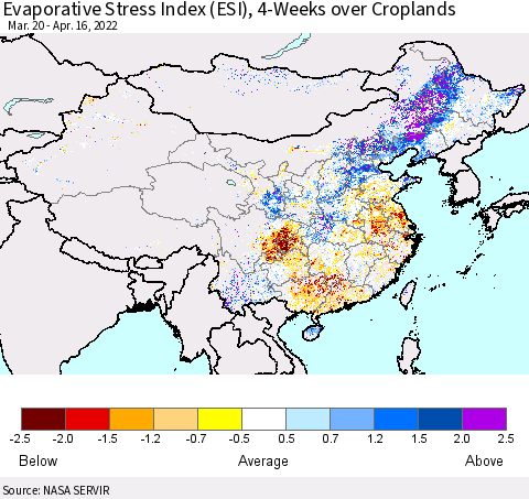 China, Mongolia and Taiwan Evaporative Stress Index (ESI), 4-Weeks over Croplands Thematic Map For 4/11/2022 - 4/17/2022