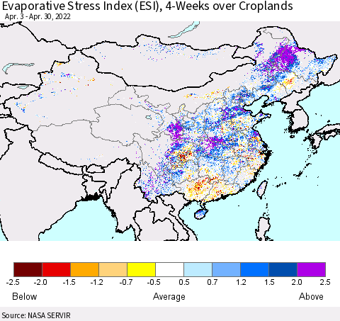 China, Mongolia and Taiwan Evaporative Stress Index (ESI), 4-Weeks over Croplands Thematic Map For 4/25/2022 - 5/1/2022