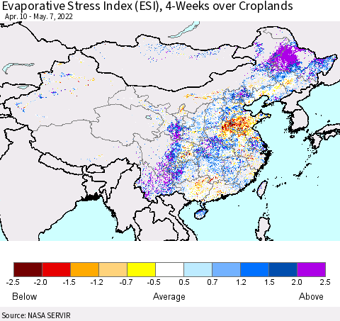 China, Mongolia and Taiwan Evaporative Stress Index (ESI), 4-Weeks over Croplands Thematic Map For 5/2/2022 - 5/8/2022