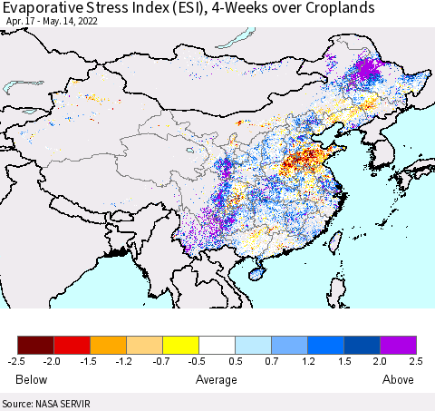 China, Mongolia and Taiwan Evaporative Stress Index (ESI), 4-Weeks over Croplands Thematic Map For 5/9/2022 - 5/15/2022