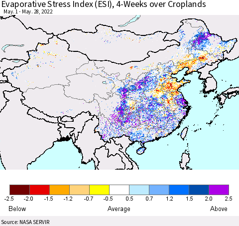 China, Mongolia and Taiwan Evaporative Stress Index (ESI), 4-Weeks over Croplands Thematic Map For 5/23/2022 - 5/29/2022