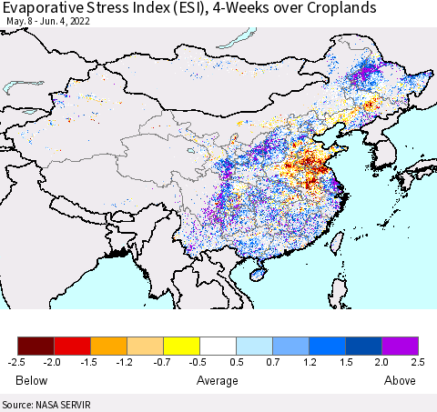 China, Mongolia and Taiwan Evaporative Stress Index (ESI), 4-Weeks over Croplands Thematic Map For 5/30/2022 - 6/5/2022