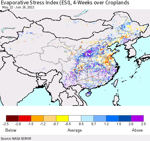 China, Mongolia and Taiwan Evaporative Stress Index (ESI), 4-Weeks over Croplands Thematic Map For 6/13/2022 - 6/19/2022