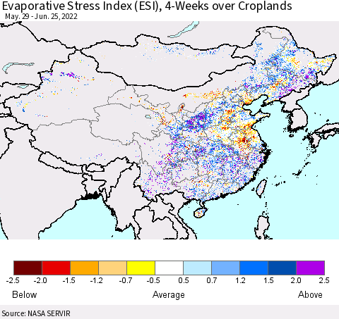 China, Mongolia and Taiwan Evaporative Stress Index (ESI), 4-Weeks over Croplands Thematic Map For 6/20/2022 - 6/26/2022