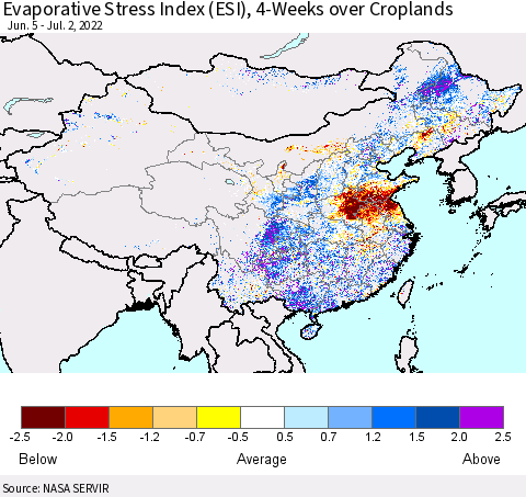 China, Mongolia and Taiwan Evaporative Stress Index (ESI), 4-Weeks over Croplands Thematic Map For 6/27/2022 - 7/3/2022