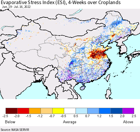 China, Mongolia and Taiwan Evaporative Stress Index (ESI), 4-Weeks over Croplands Thematic Map For 7/11/2022 - 7/17/2022