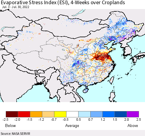 China, Mongolia and Taiwan Evaporative Stress Index (ESI), 4-Weeks over Croplands Thematic Map For 7/25/2022 - 7/31/2022