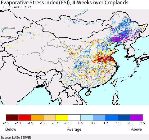 China, Mongolia and Taiwan Evaporative Stress Index (ESI), 4-Weeks over Croplands Thematic Map For 8/1/2022 - 8/7/2022