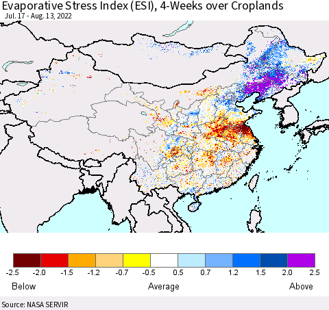 China, Mongolia and Taiwan Evaporative Stress Index (ESI), 4-Weeks over Croplands Thematic Map For 8/8/2022 - 8/14/2022