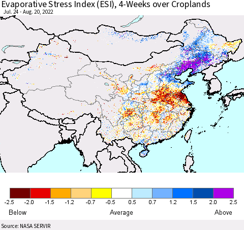 China, Mongolia and Taiwan Evaporative Stress Index (ESI), 4-Weeks over Croplands Thematic Map For 8/15/2022 - 8/21/2022