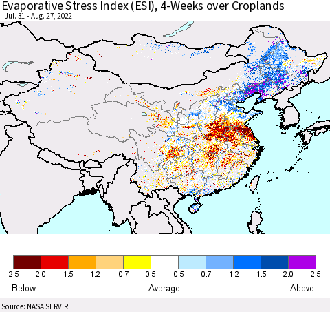 China, Mongolia and Taiwan Evaporative Stress Index (ESI), 4-Weeks over Croplands Thematic Map For 8/22/2022 - 8/28/2022