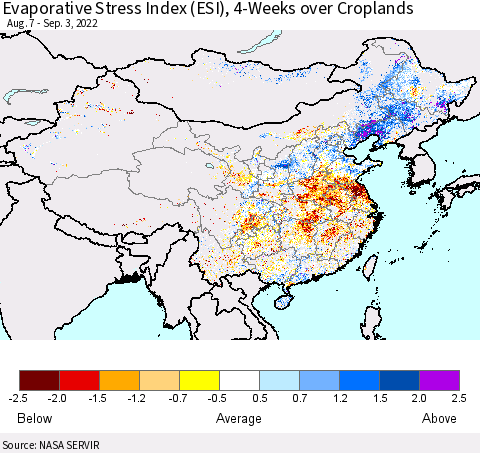 China, Mongolia and Taiwan Evaporative Stress Index (ESI), 4-Weeks over Croplands Thematic Map For 8/29/2022 - 9/4/2022