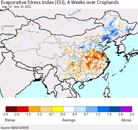 China, Mongolia and Taiwan Evaporative Stress Index (ESI), 4-Weeks over Croplands Thematic Map For 9/5/2022 - 9/11/2022