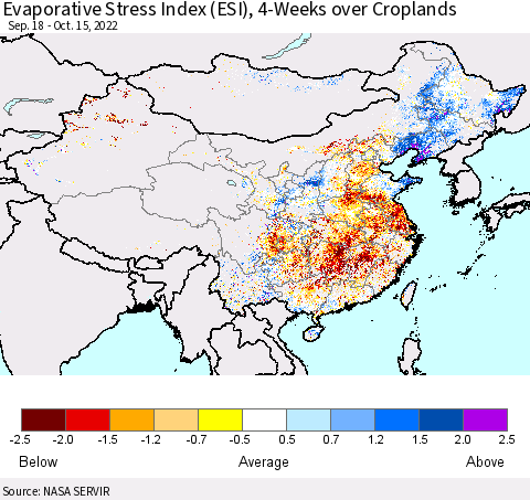 China, Mongolia and Taiwan Evaporative Stress Index (ESI), 4-Weeks over Croplands Thematic Map For 10/10/2022 - 10/16/2022