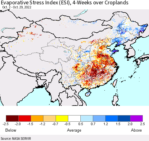 China, Mongolia and Taiwan Evaporative Stress Index (ESI), 4-Weeks over Croplands Thematic Map For 10/24/2022 - 10/30/2022