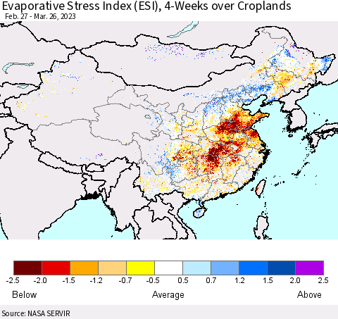 China, Mongolia and Taiwan Evaporative Stress Index (ESI), 4-Weeks over Croplands Thematic Map For 3/20/2023 - 3/26/2023