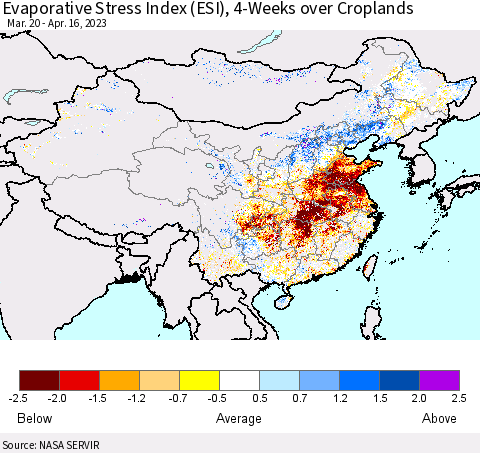 China, Mongolia and Taiwan Evaporative Stress Index (ESI), 4-Weeks over Croplands Thematic Map For 4/10/2023 - 4/16/2023