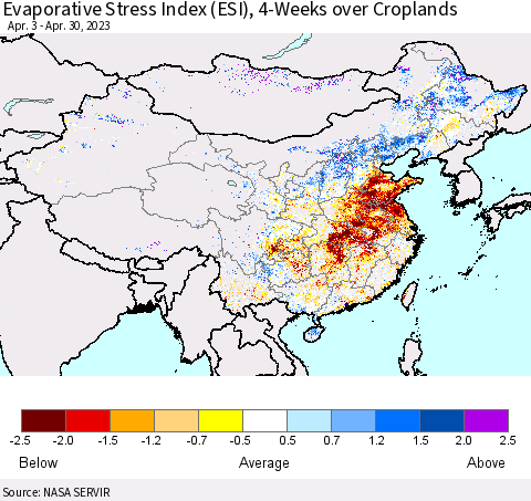 China, Mongolia and Taiwan Evaporative Stress Index (ESI), 4-Weeks over Croplands Thematic Map For 4/24/2023 - 4/30/2023