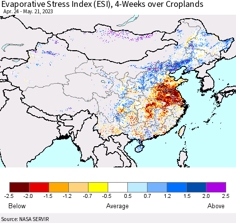 China, Mongolia and Taiwan Evaporative Stress Index (ESI), 4-Weeks over Croplands Thematic Map For 5/15/2023 - 5/21/2023
